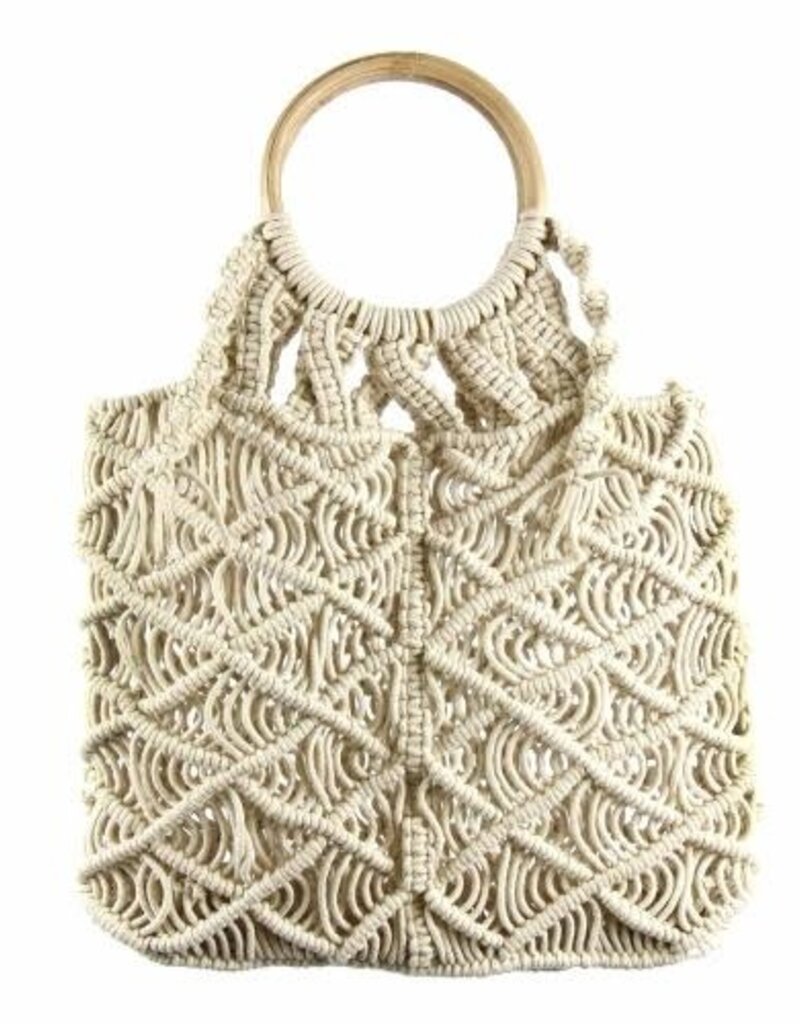 Global Crafts Macrame Bag with Round Wood Handle