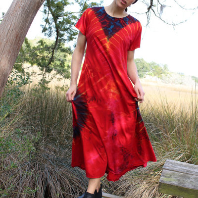 Unique Batik Short Sleeve Tie Dye Maxi Dress: Red