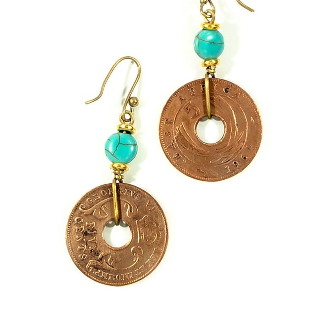 Swahili Imports Kenyan Shilling and Turquoise Bead Earrings