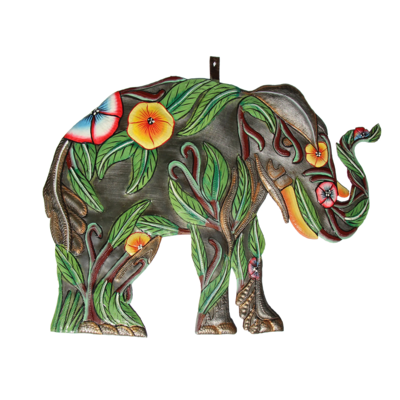 Global Crafts Hibiscus Elephant Painted Drum Art