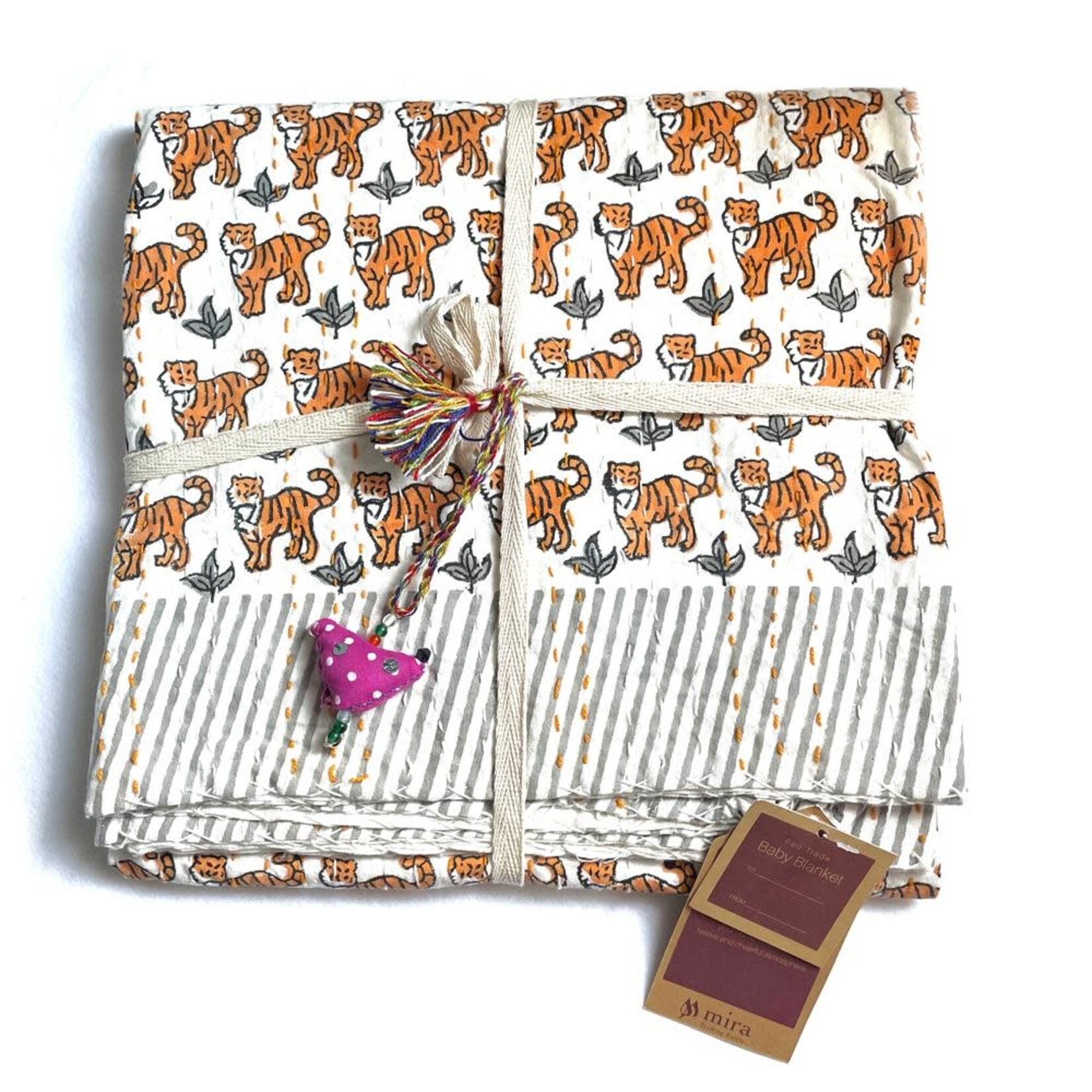 Mira Fair Trade Kantha Stitched Baby Blanket: Tigers 40x40