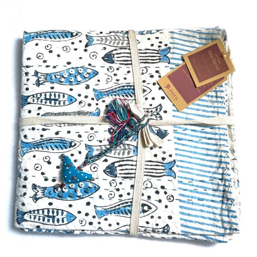 Mira Fair Trade Kantha Stitched Baby Blanket: Blue Fish 40x40
