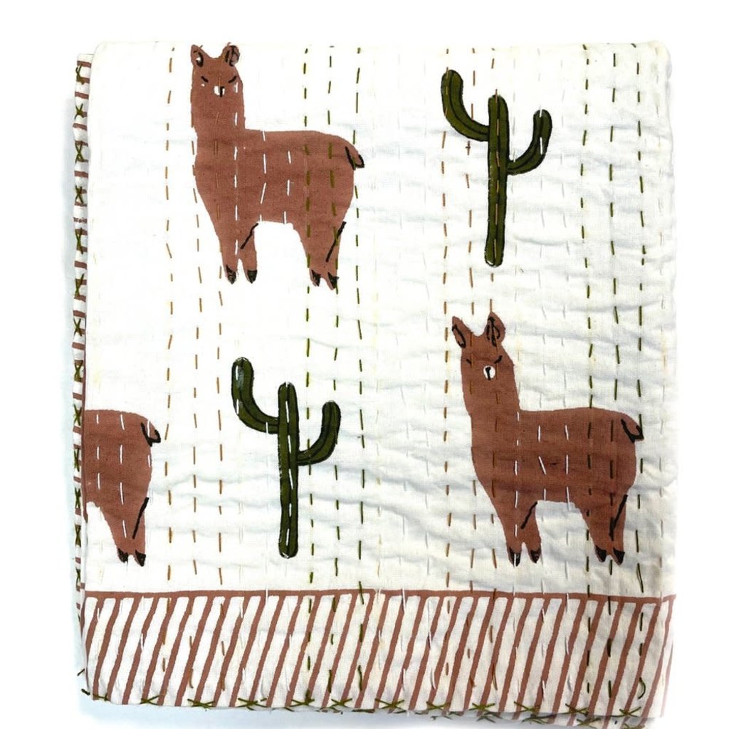 Mira Fair Trade Kantha Stitched Baby Blanket: Llama & Cactus 40x40