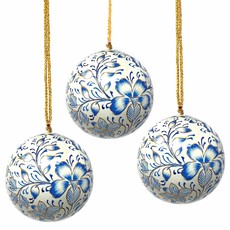 Global Crafts Blue & White Floral Papier Mache Ball Ornament