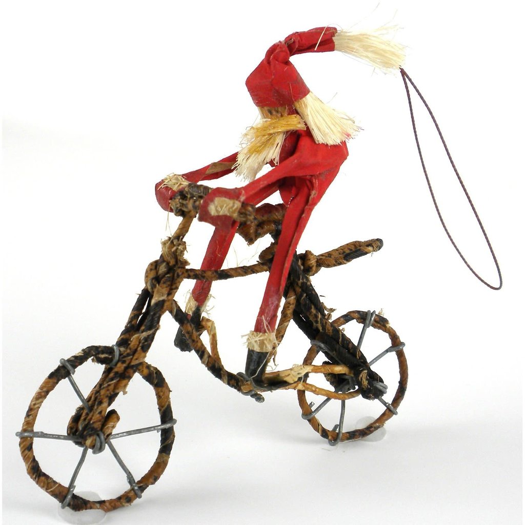 Global Crafts Small Santa on a Bike Banana Fiber Ornament