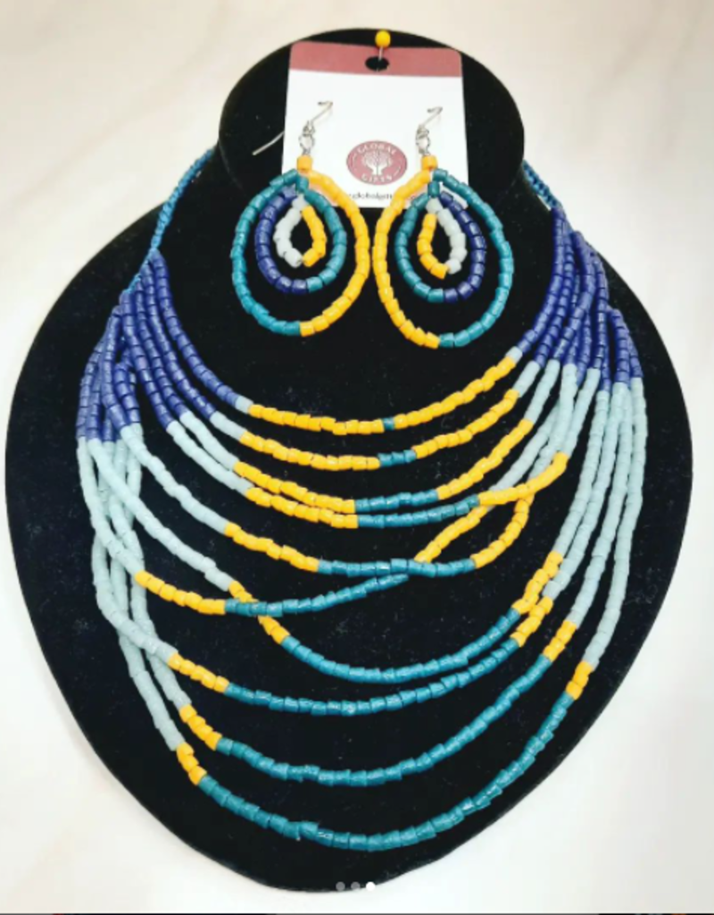 Global Mamas Azonto Glass Bead Necklace: Lagoon