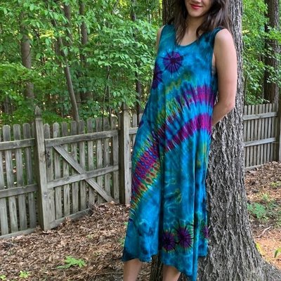 Unique Batik Full Tie Dye Tank Dress: Turquoise
