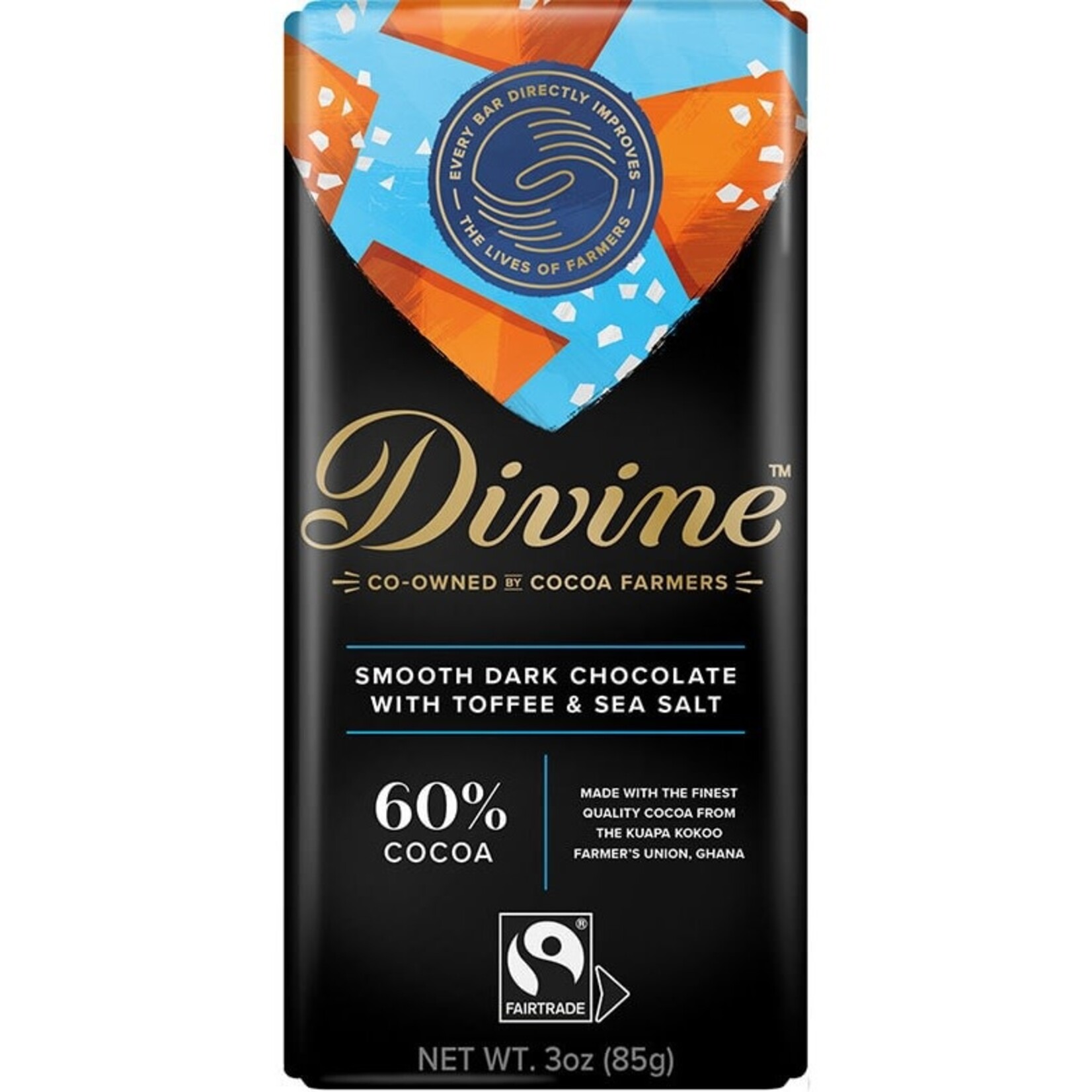 Divine Chocolate 60% Dark Chocolate with Toffee and Sea Salt Large Bar 3oz