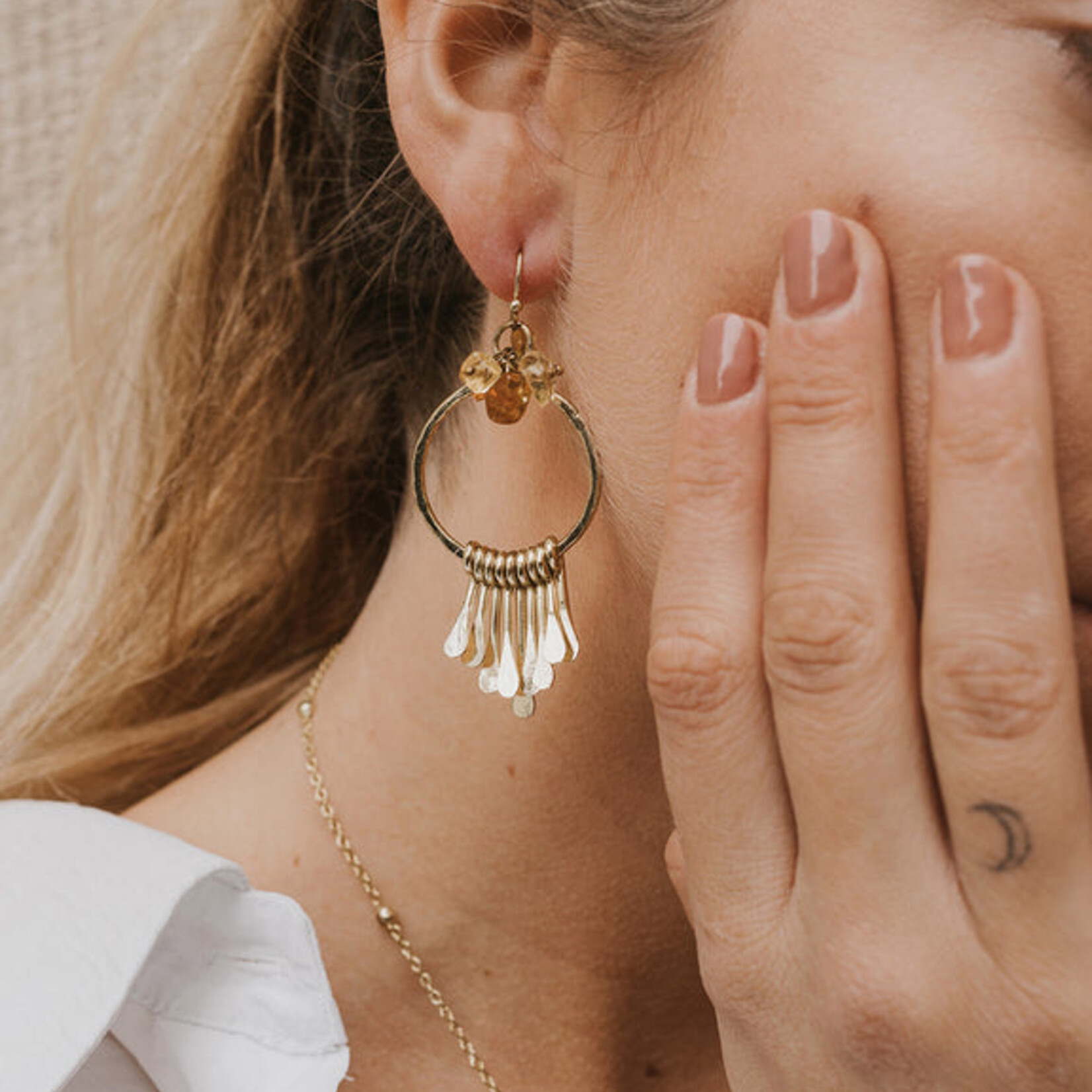 Matr Boomie Ridhi Citrine & Sunstone Fringe Hoop Earrings