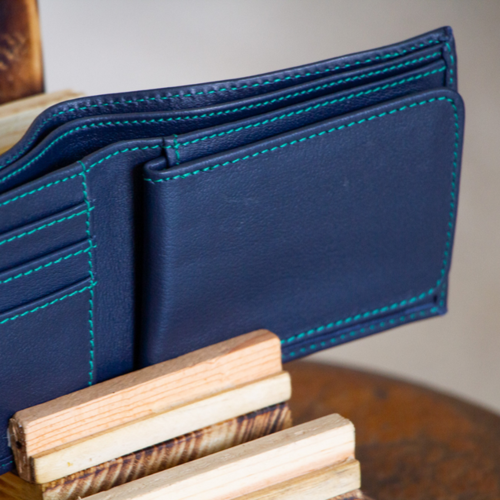 Twin Engine Coffee Bifold Leather Wallet Deep Ocean