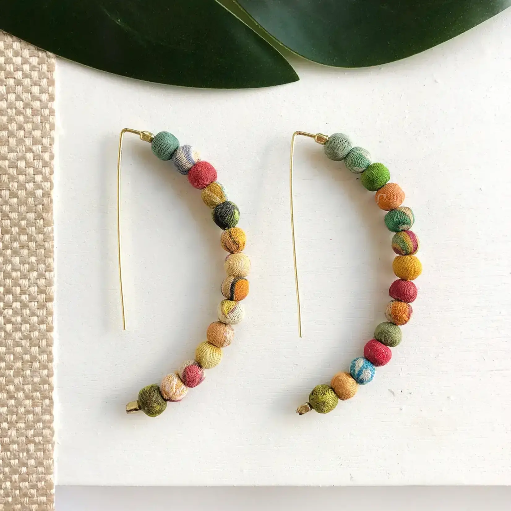 World Finds Kantha Linear Arc Earrings