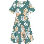 Global Mamas Tiered Dress Short: Monstera- Teal-Organic- L
