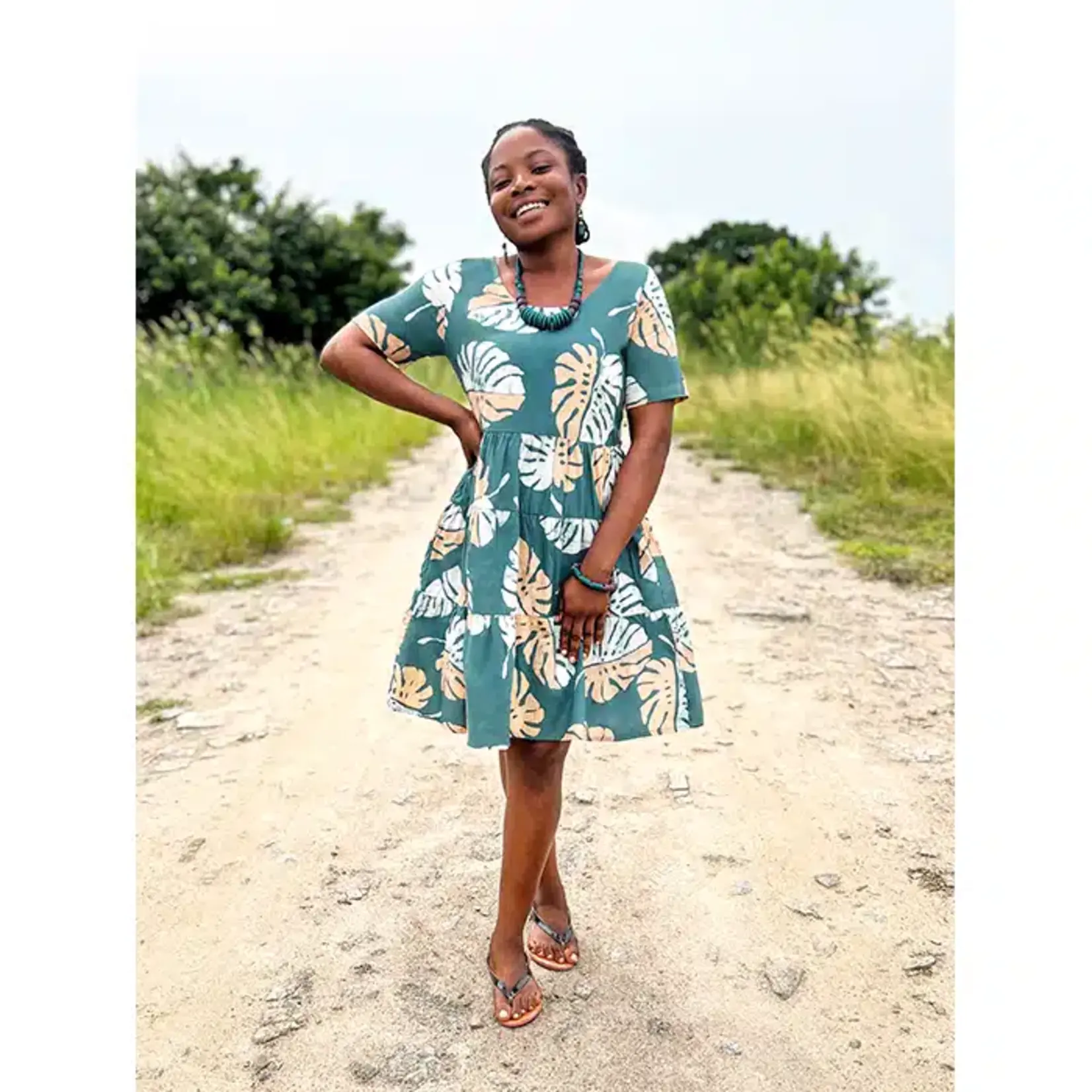 Global Mamas Tiered Dress Short: Monstera- Teal-Organic- L