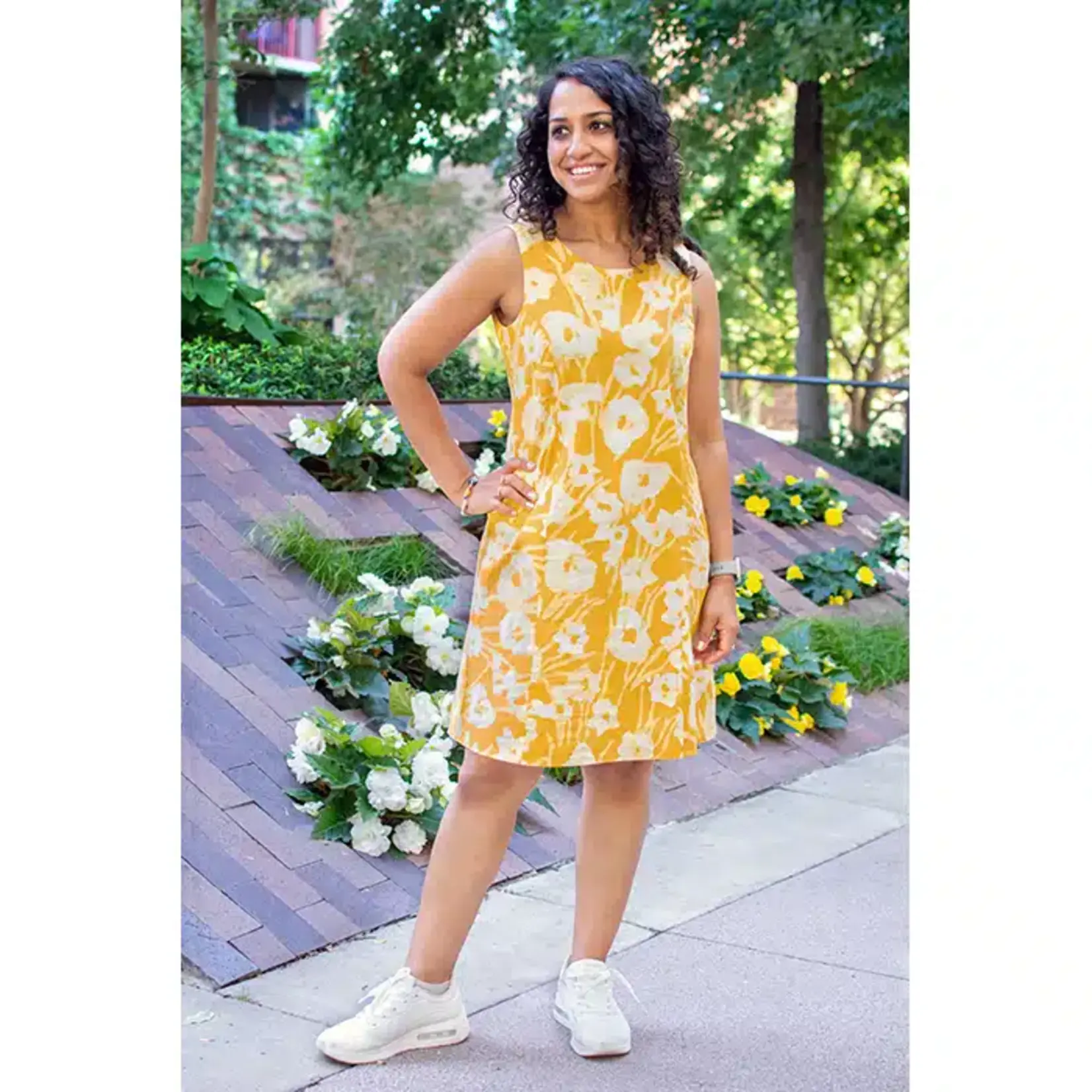 Global Mamas Boardwalk Dress: Painted Floral- Harvest Gold- Organic- M