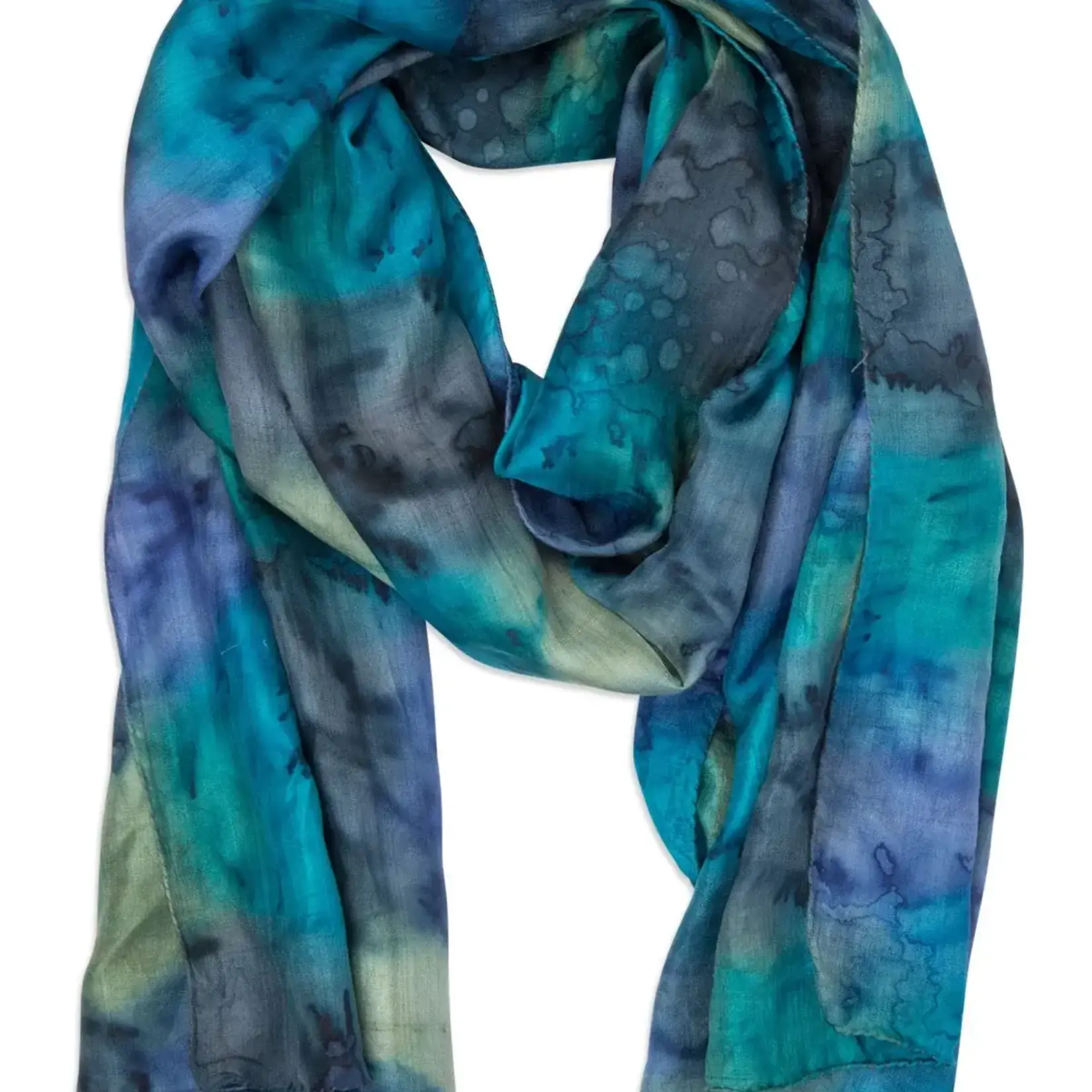 Ten Thousand Villages Waterfall Painted Scarf- Navy/Teal- Silk