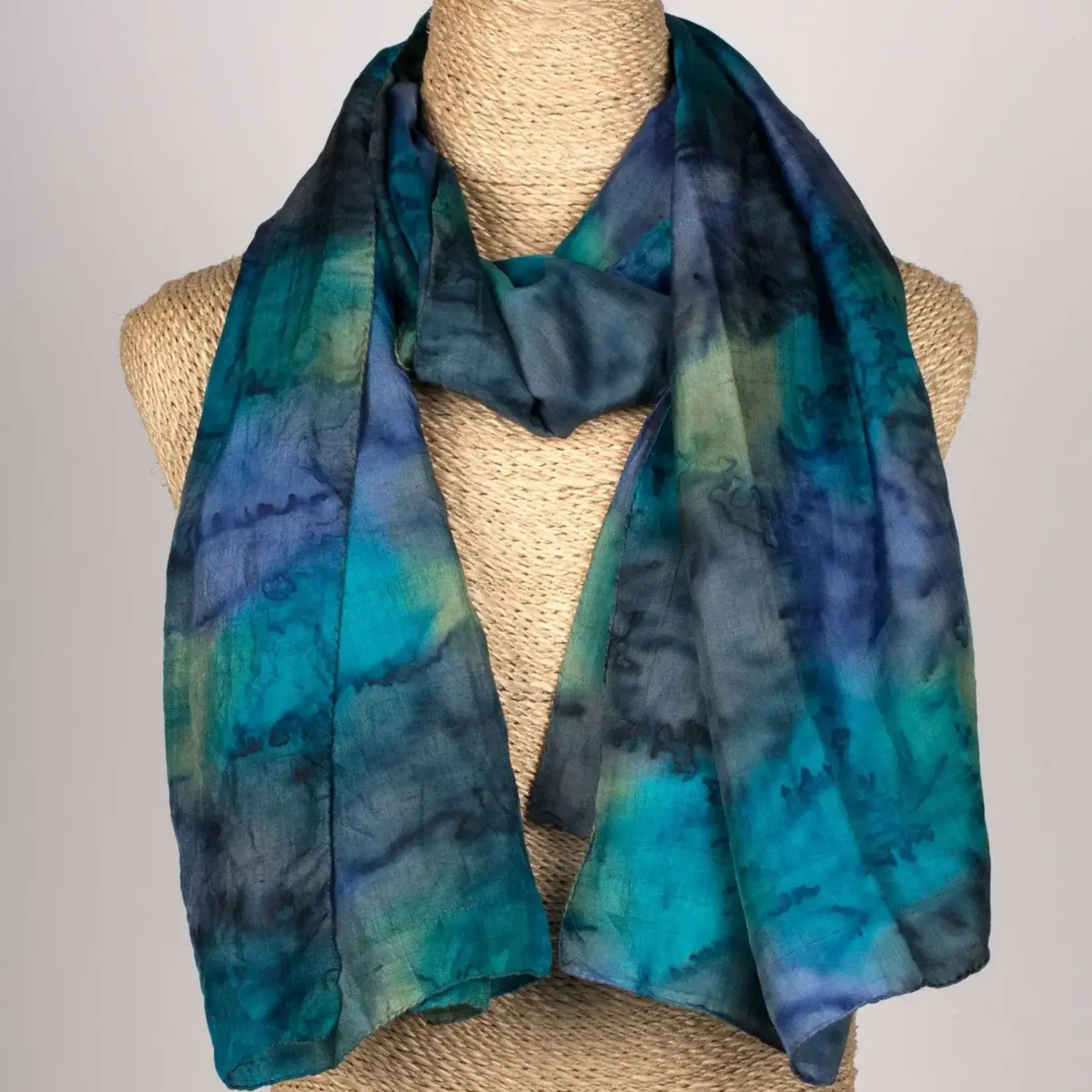 Ten Thousand Villages Waterfall Painted Scarf- Navy/Teal- Silk