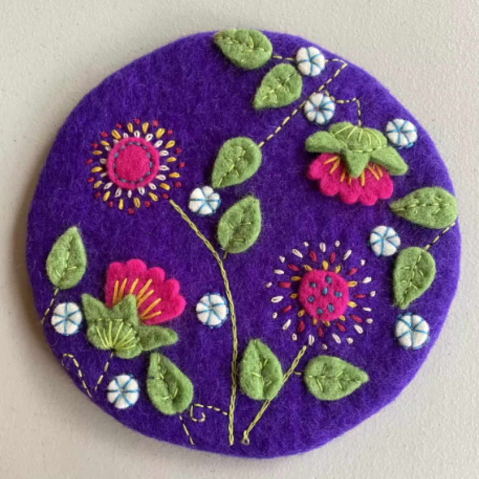 Ganesh Himal Felt Trivet w/ Embroidered Leaves- Round