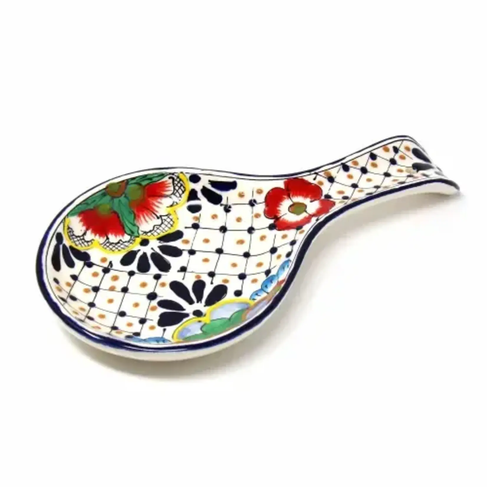Global Crafts Encantada Handmade Pottery Spoon Rest- Dots and Flowers