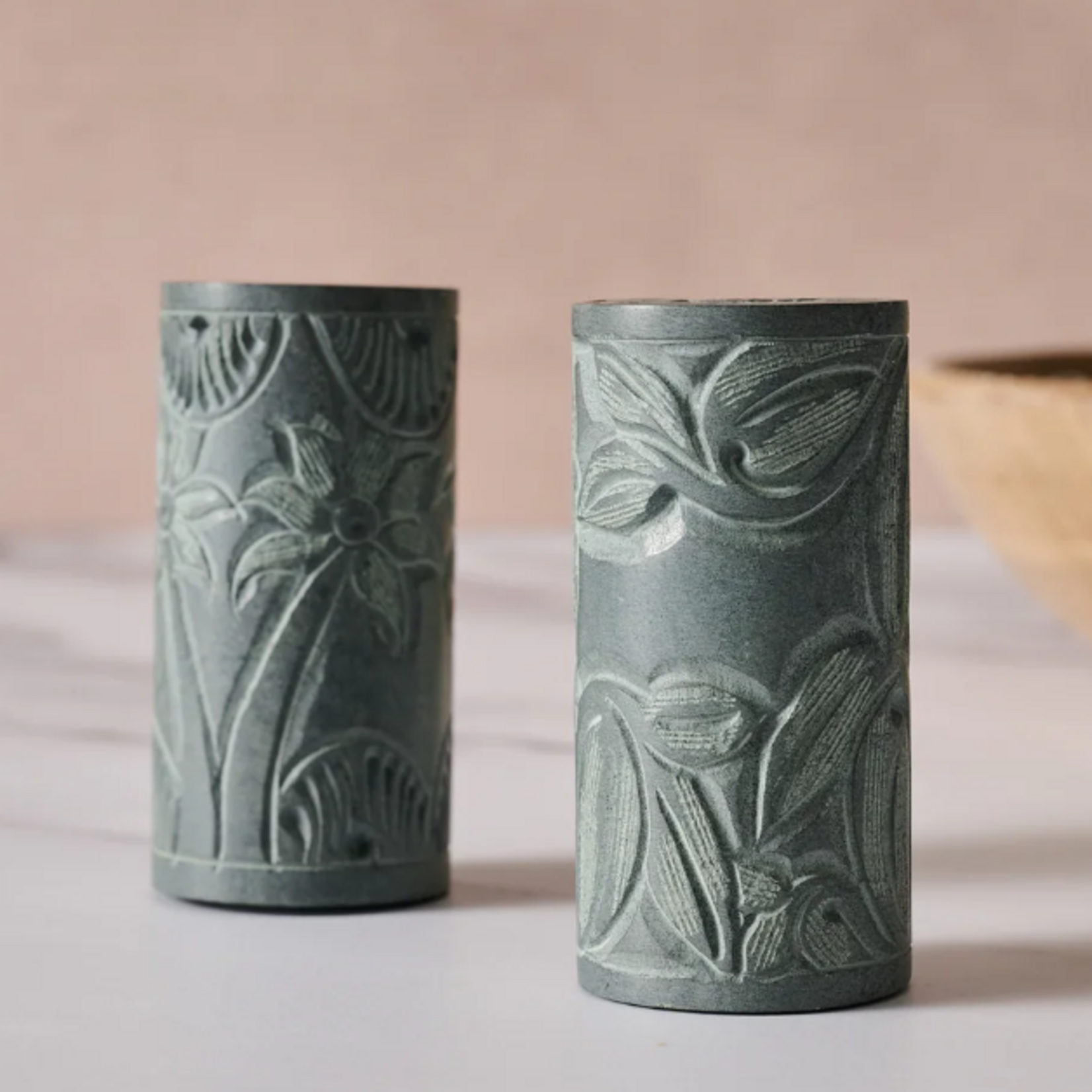 Ten Thousand Villages Valli Carved Palewa Stone Salt + Pepper Shakers