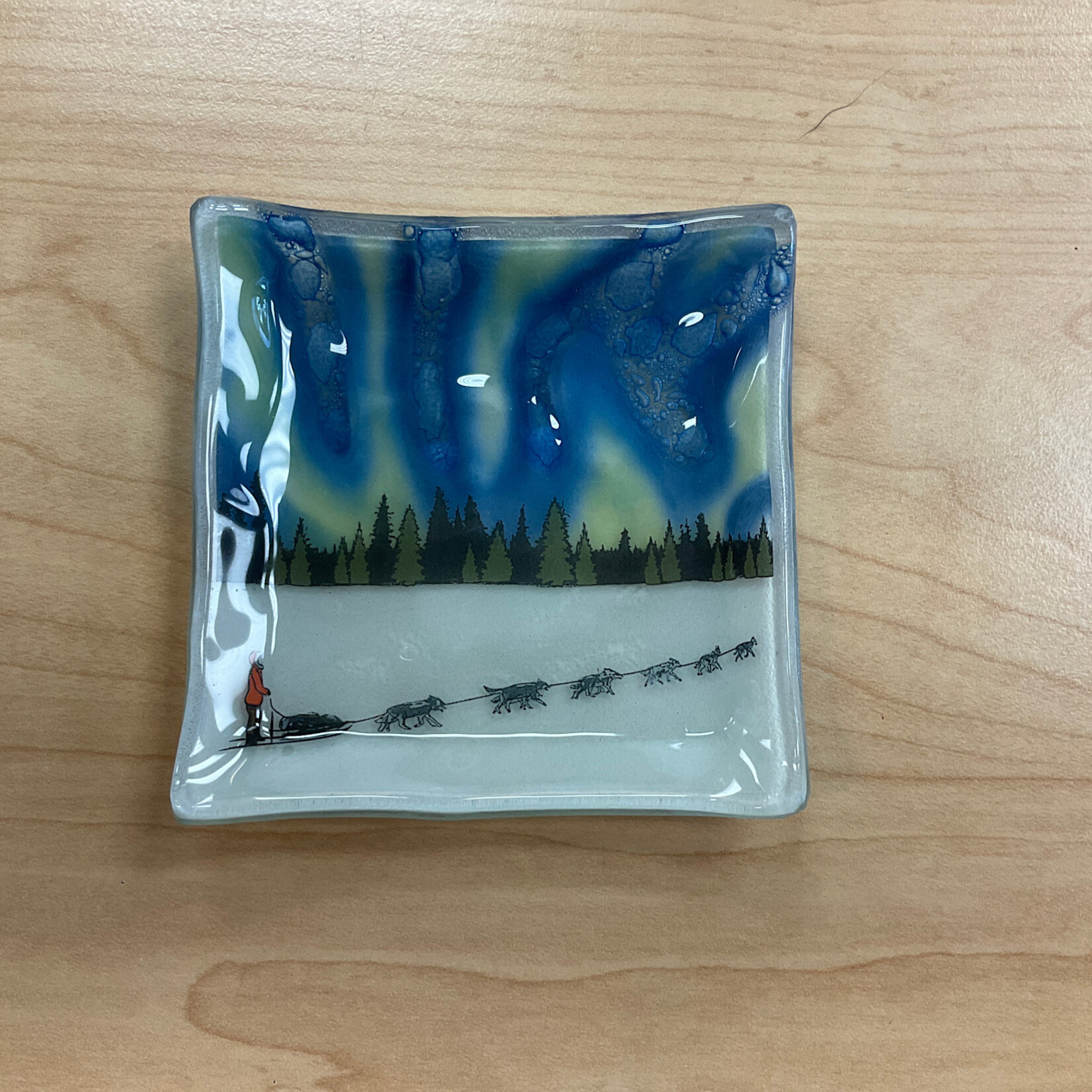 PamPeana Northern Lights Sled Dog Small Glass Plate
