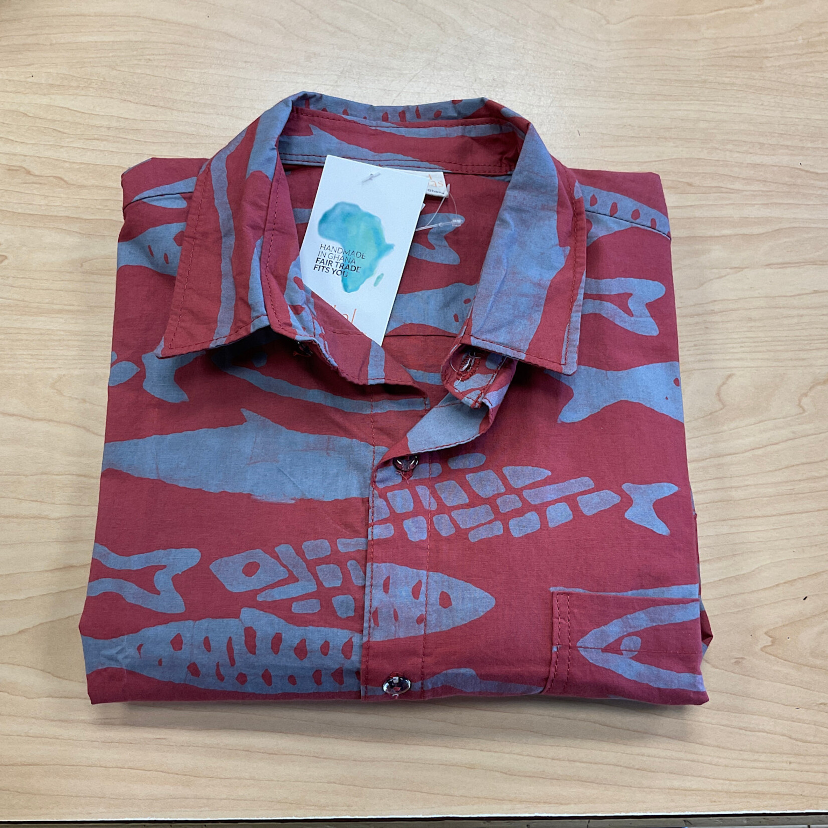 Global Mamas Button Down Shirt: Sardines-Rust-Organic-M