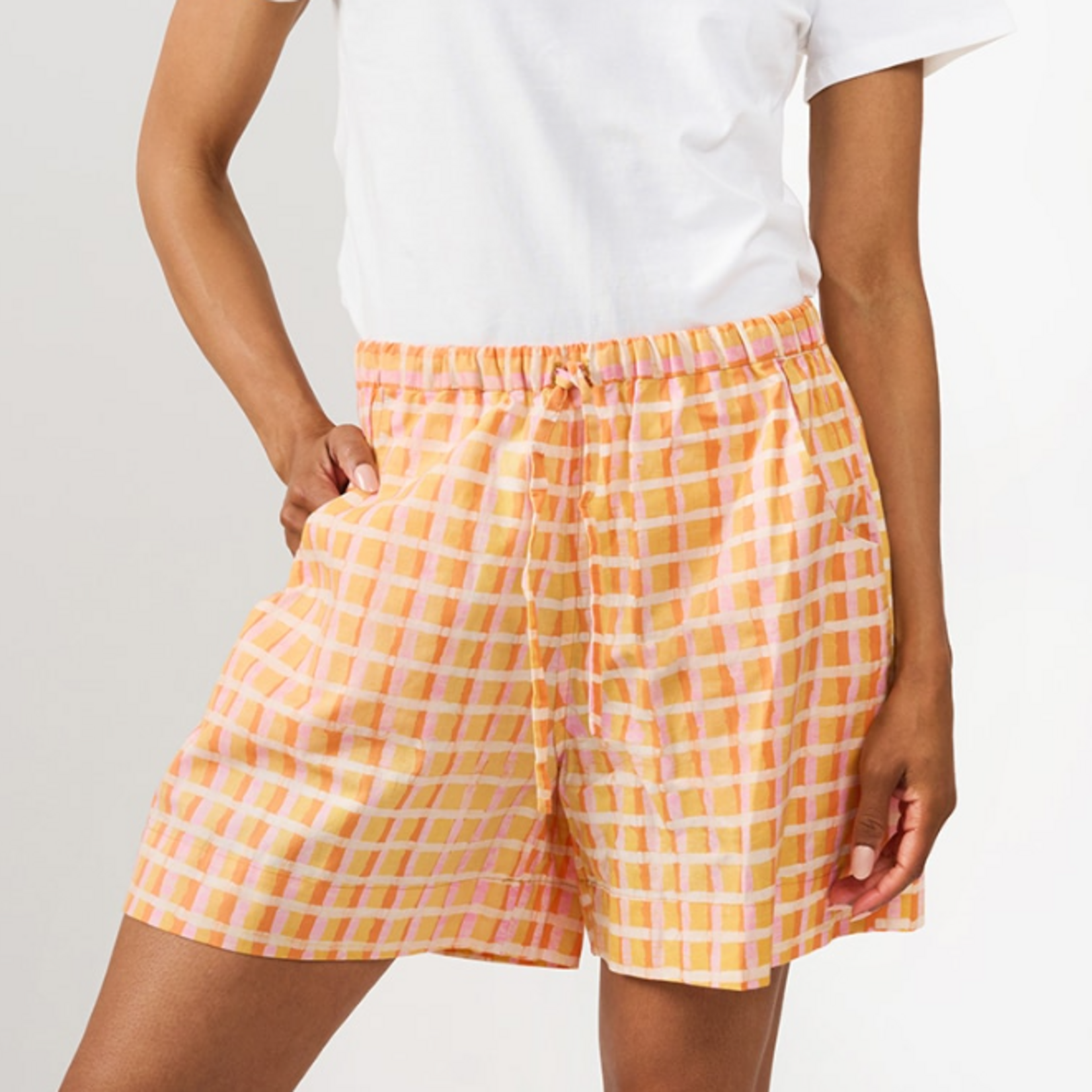 Global Mamas Cabana Shorts: Plaid-Gold-Organic-M