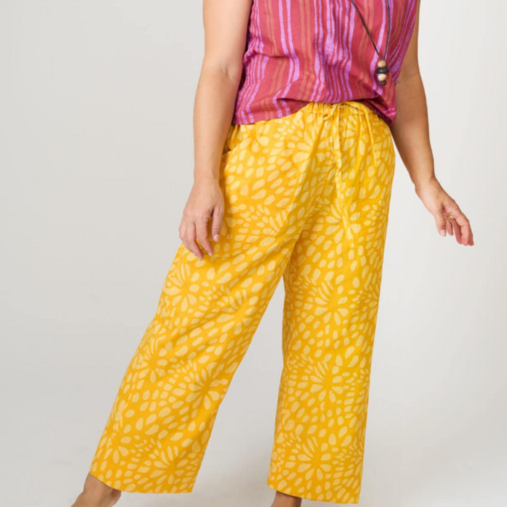 Global Mamas Trousers-Tenos: Floral Burst-Gold-Organic-XL