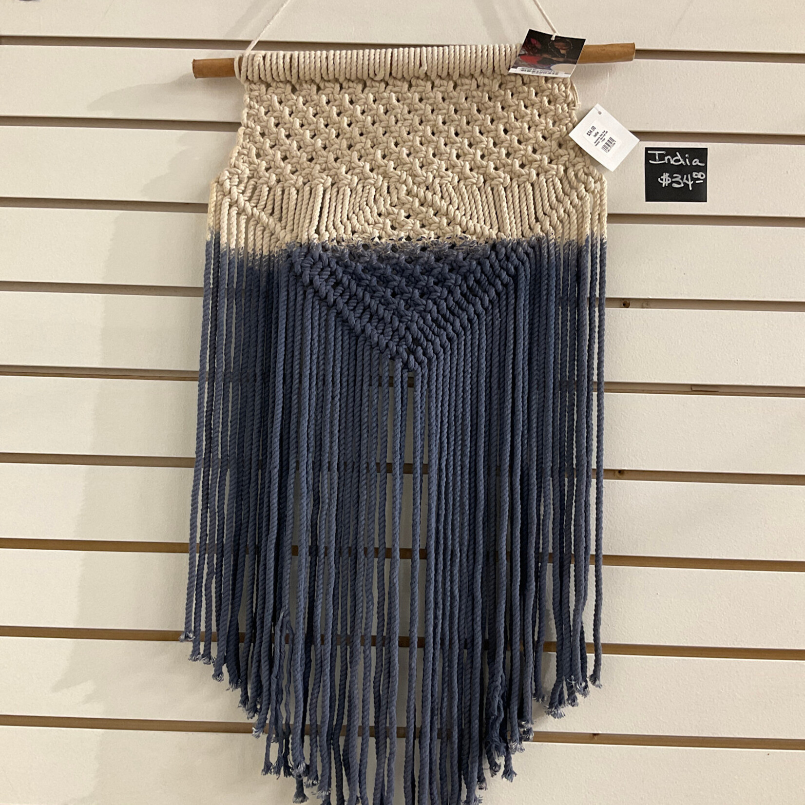 Global Crafts Handwoven Boho Wall Hanging- Blue Grey with Fringe