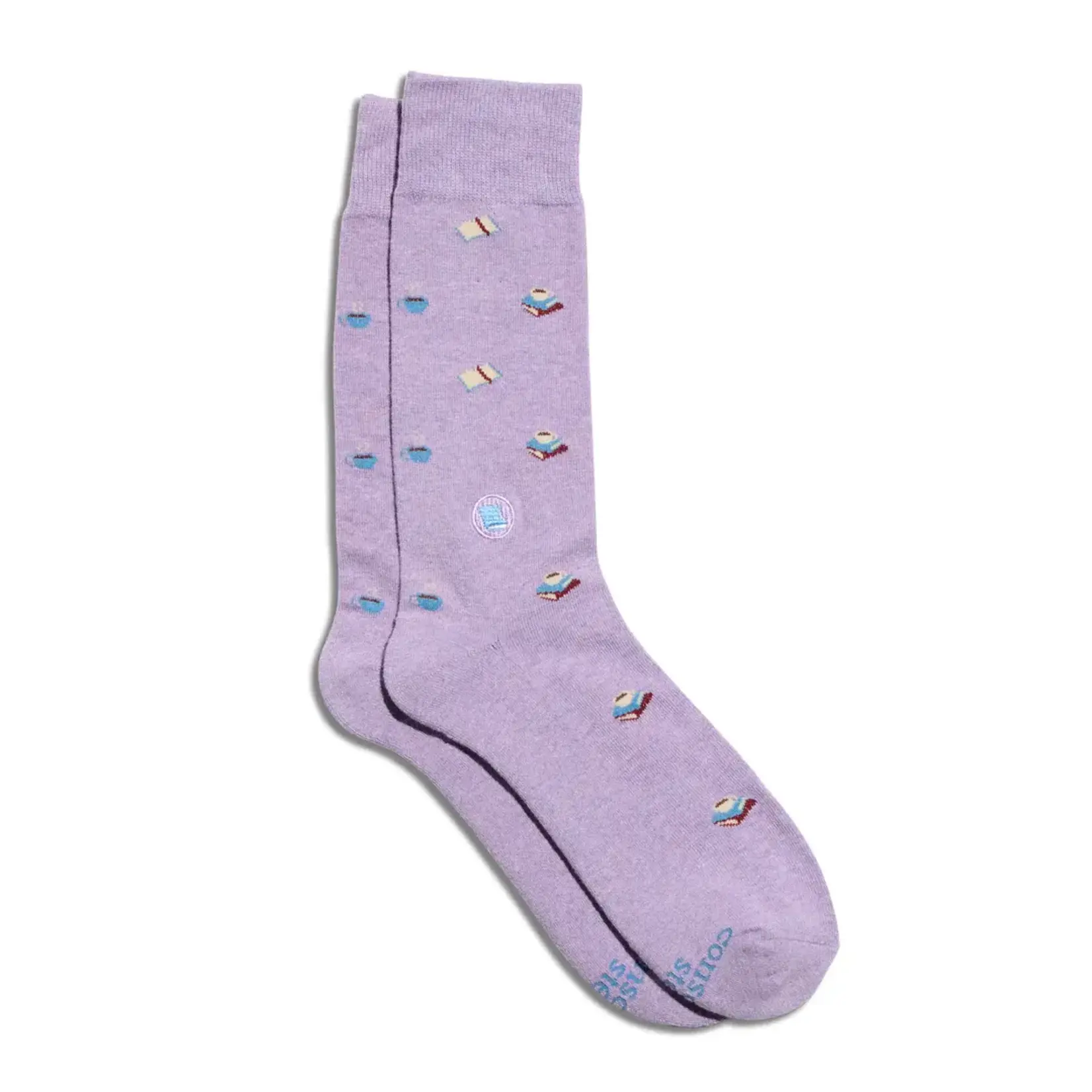 Conscious Step Socks that Give Books- Books and Coffee, Purple- Medium