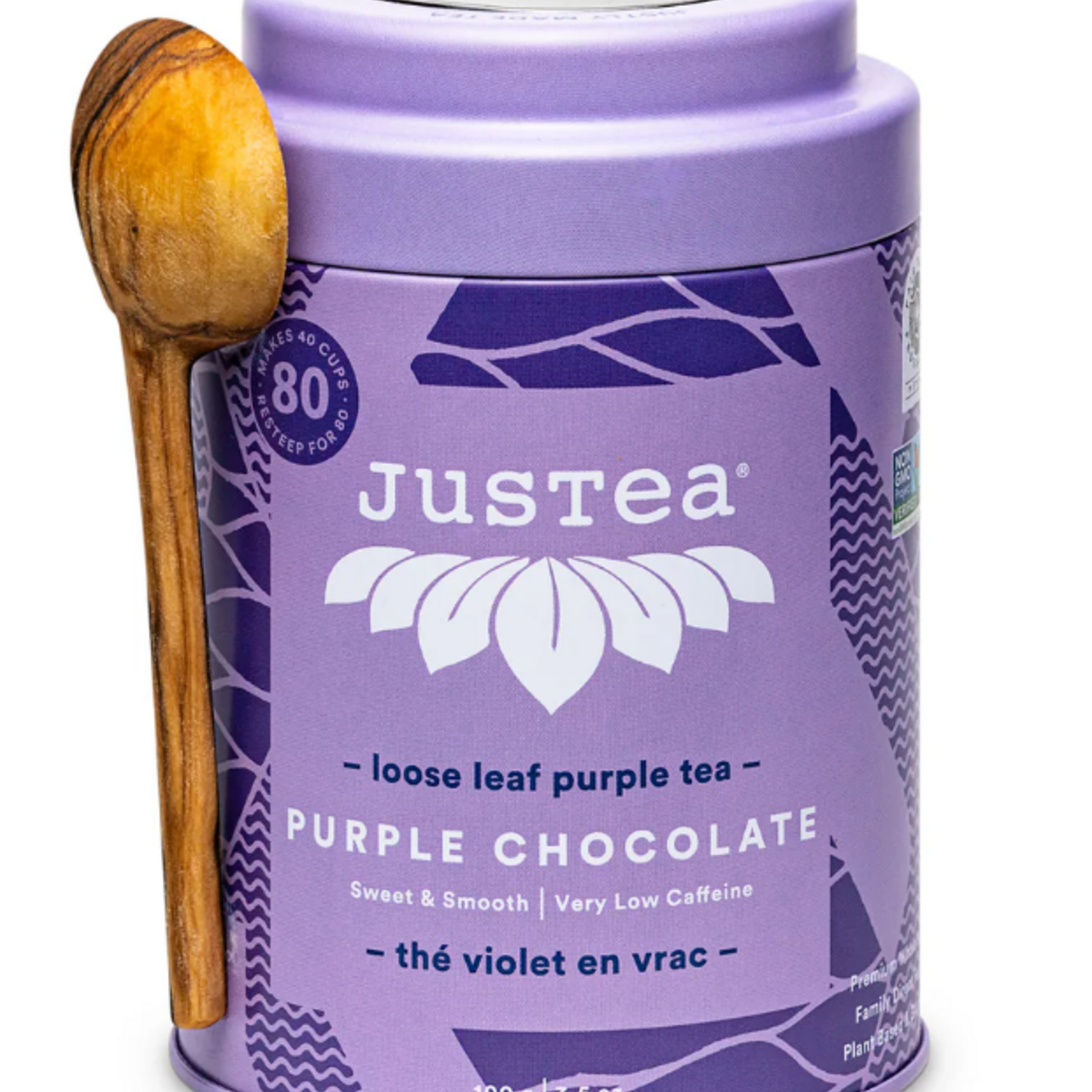 JusTea Purple Chocolate Tea in Tin with Spoon