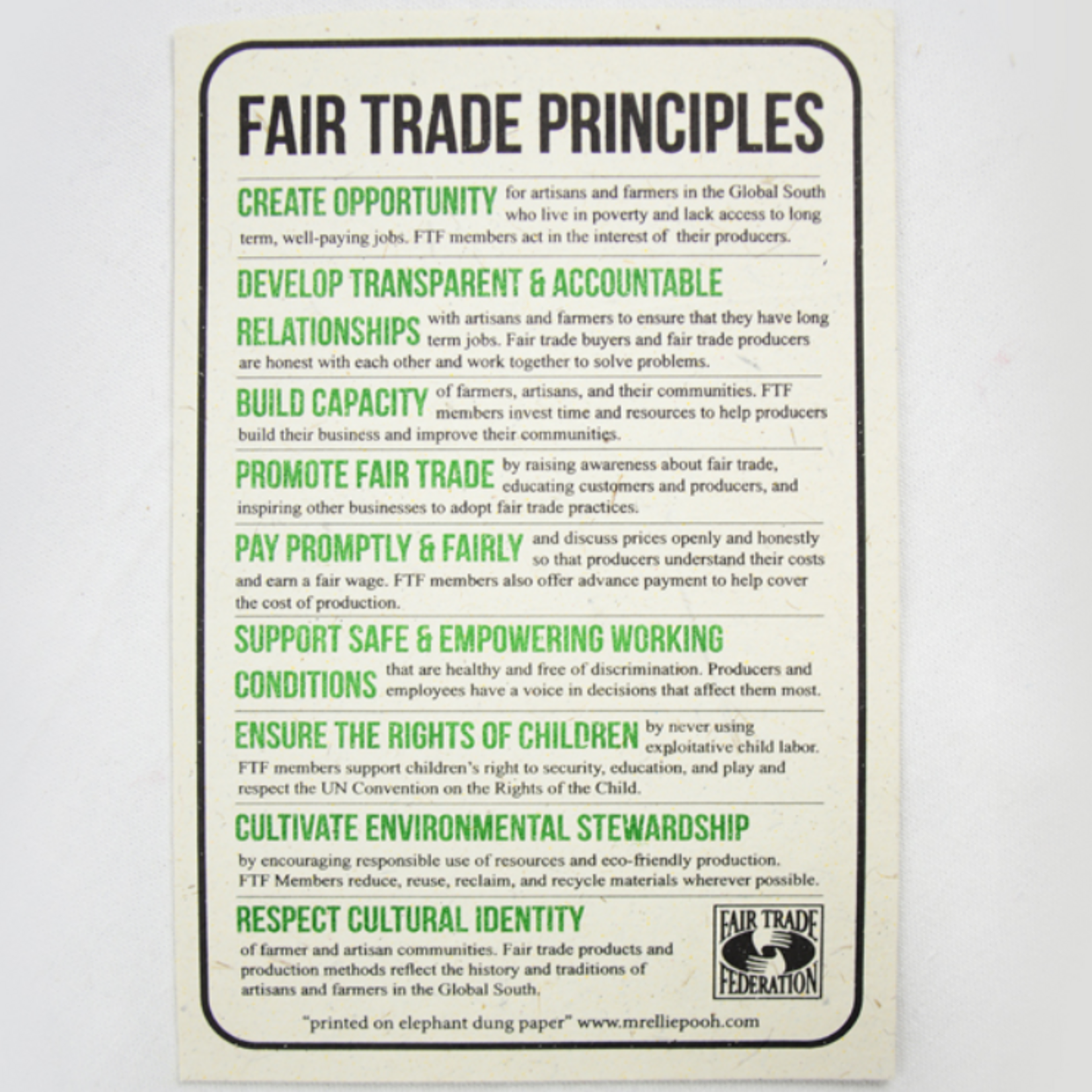 Minga Imports Fair Trade Principles Handout