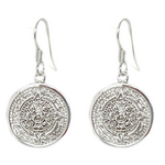 Global Crafts Mexican Taxco Alpaca Silver Aztec Calendar Dangle Earrings