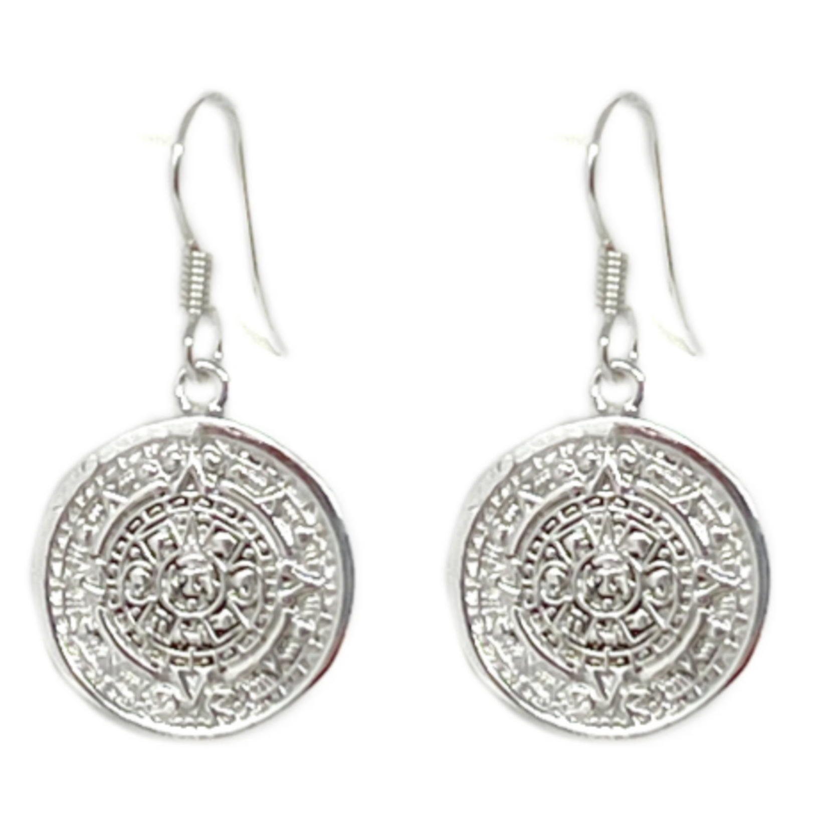 Global Crafts Mexican Taxco Alpaca Silver Aztec Calendar Dangle Earrings