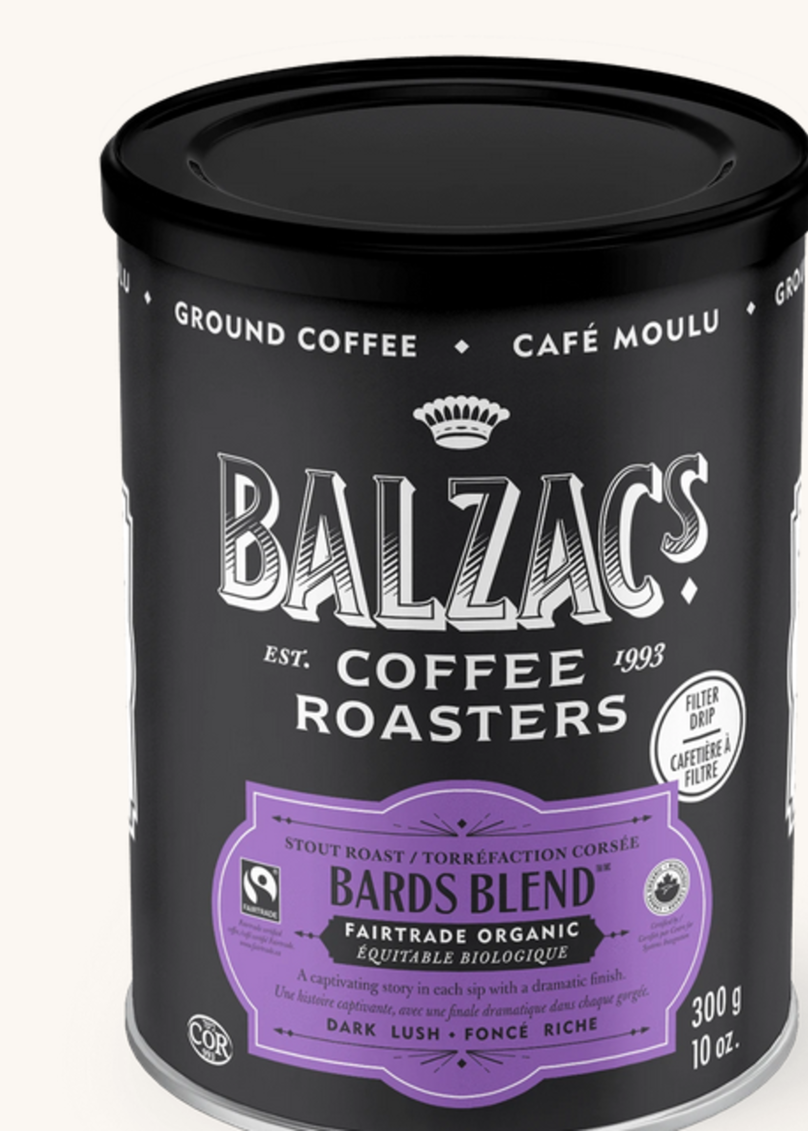 Balzac's Coffee Balzac's Bard's Blend Fair Trade Organic Coffee 10 oz tin