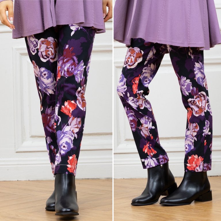 Orange Fashion Village Purple rose print stretch pant