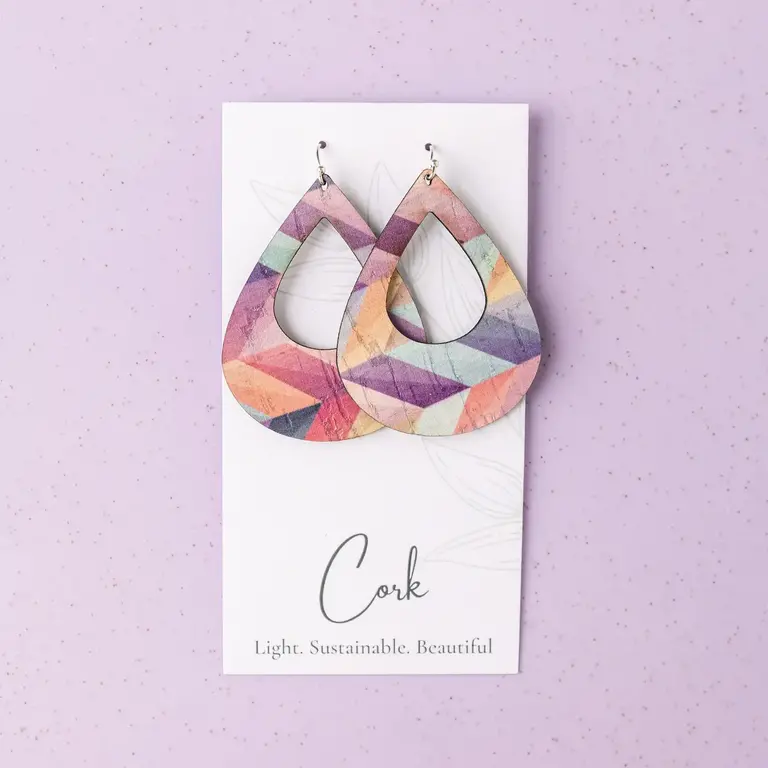 Hello Lovely Cork Co Hello Lovely Cork earrings, lg teardrop pink herringbone