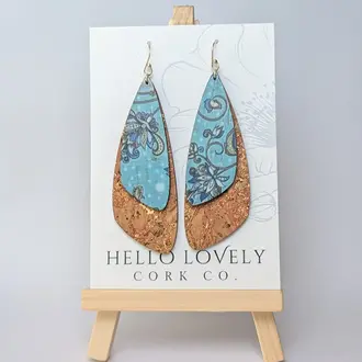 Hello Lovely Cork Co Cork earrings, double dragonfly teal floral & natural Hello Lovely Cork Co Cork earrings, double dragonfly teal floral & natural