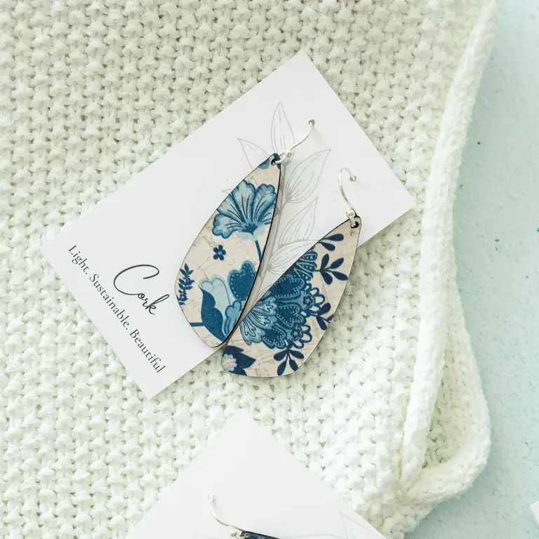 Hello Lovely Cork Co Hello Lovely Cork earrings, small wing blue & white floral