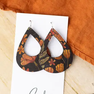 Hello Lovely Cork Co Cork earrings, large teardrop floral on black