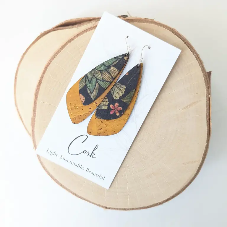 Hello Lovely Cork Co Hello Lovely Cork earrings, double dragonfly black floral w. ochra