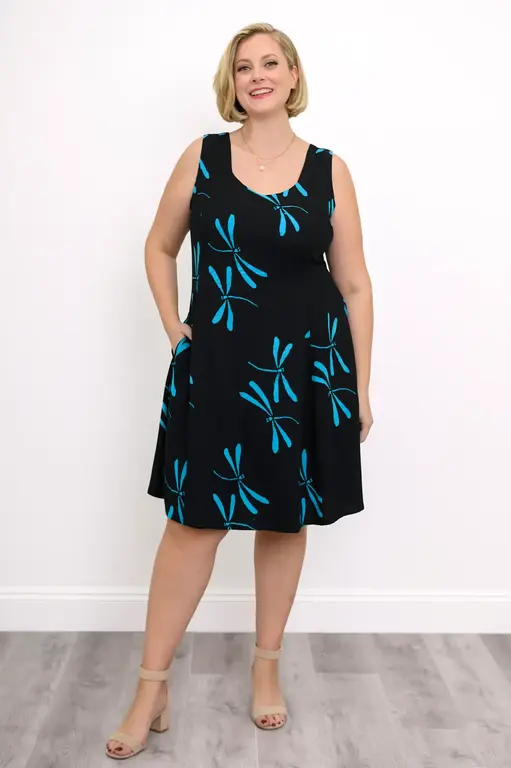 Blue Sky  Sweet Sara dress, black w. turquoise dragonflies,
