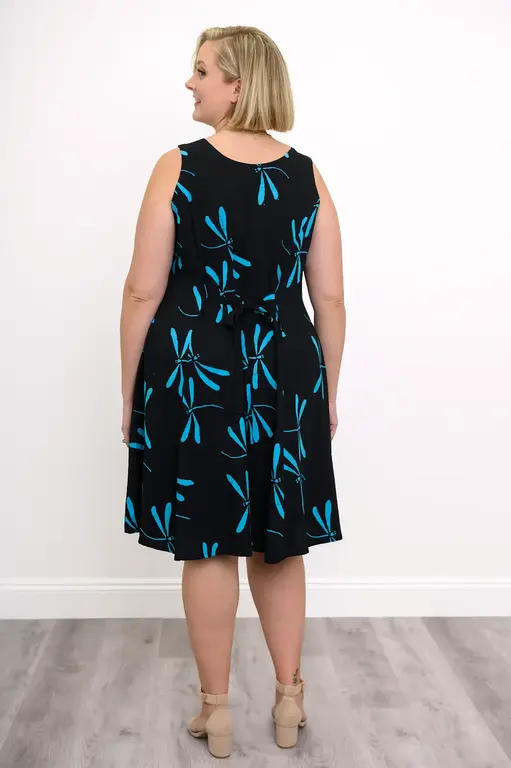Blue Sky  Sweet Sara dress, black w. turquoise dragonflies,