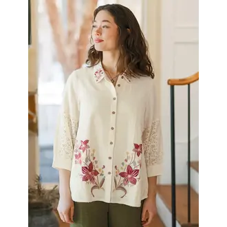 April Cornell Sampler blouse cream Ecru embroidered