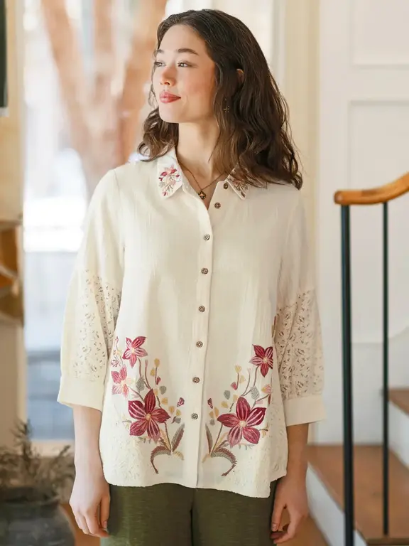 April Cornell Sampler blouse cream Ecru embroidered