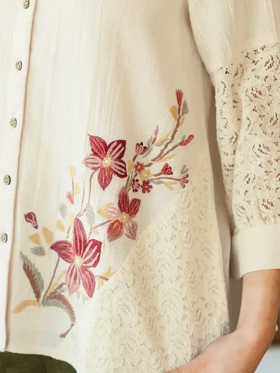 April Cornell Sampler blouse cream Ecru embroidered