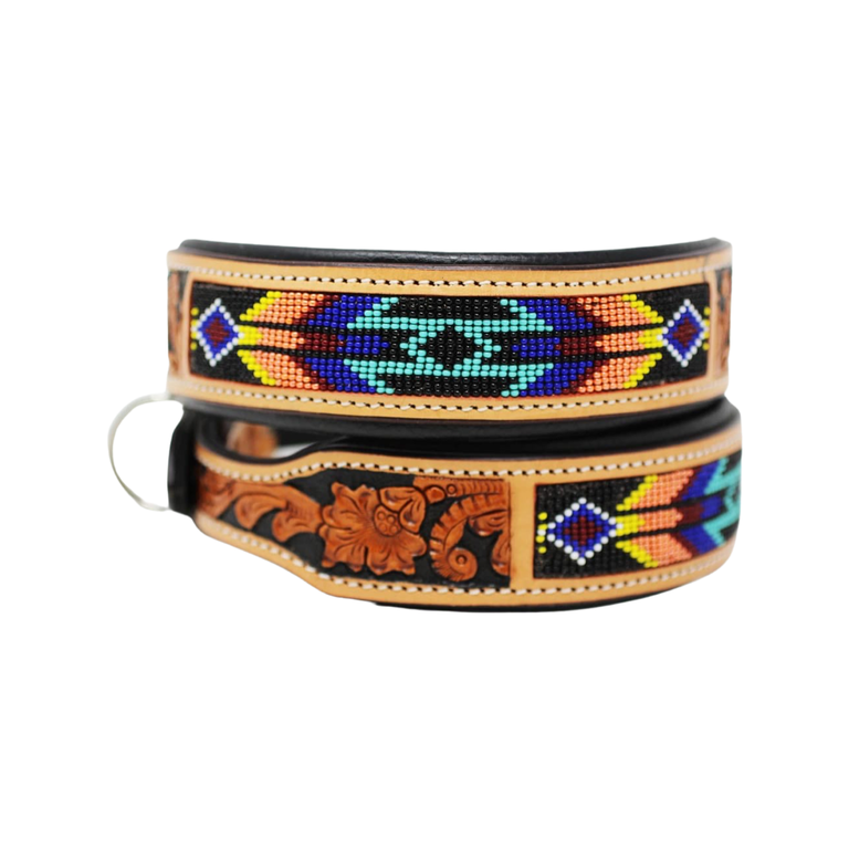 EQUIPAGE TOOLED PADDED LEATHER BEADED DOG COLLAR