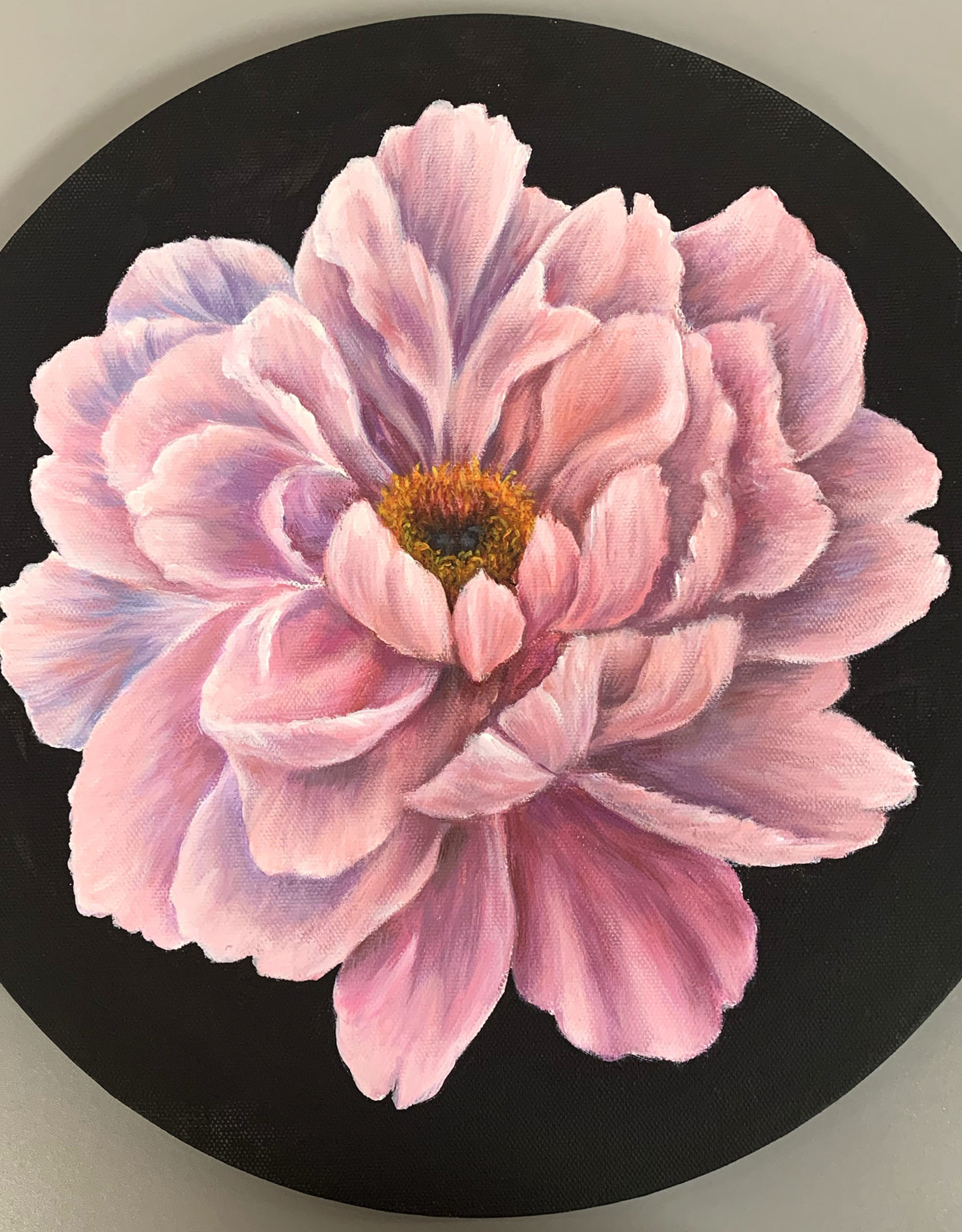 Olha K Acrylic Art class Pink rose on round canvas Fri March 31 6:00 to 8:00 pm