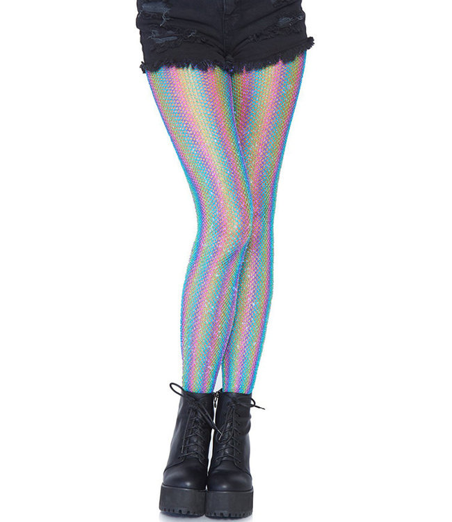 Blue Rainbow Shimmer Striped Fishnet Pantyhose 9308