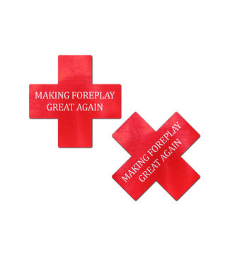 Red with White 'Make Foreplay Great Again' Cross Nipple Pasties