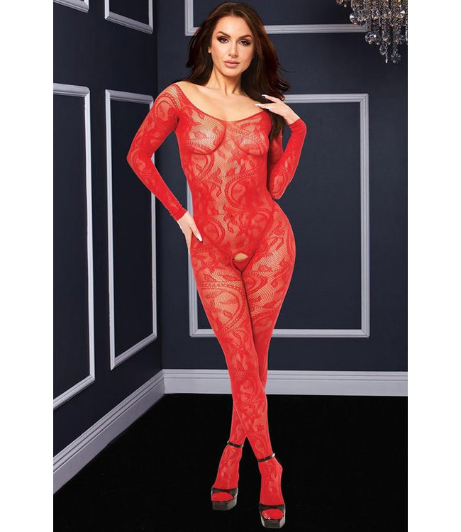 Red Long Sleeve Crotchless Bodystocking BLW5001 One Size